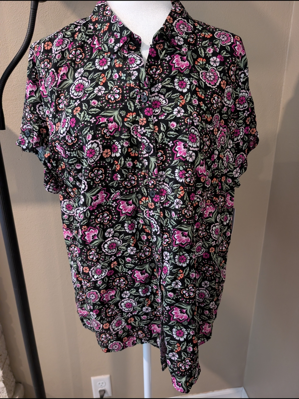 croft & barrow Black Floral Button-Down Shirt with Pink & Green Accents